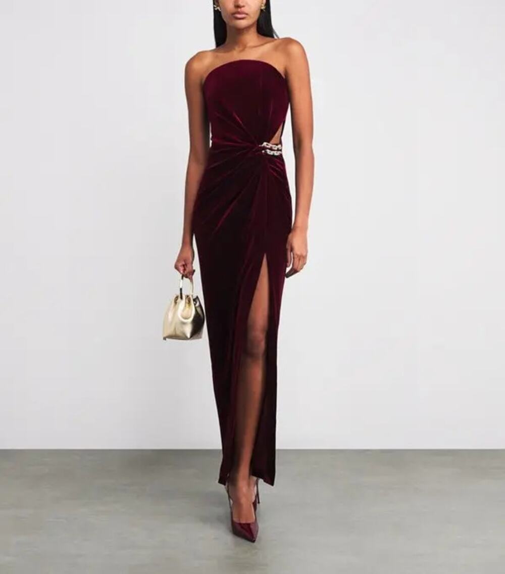 NWT Self Portrait Velvet Strapless Maxi Dress Maroon Size 10